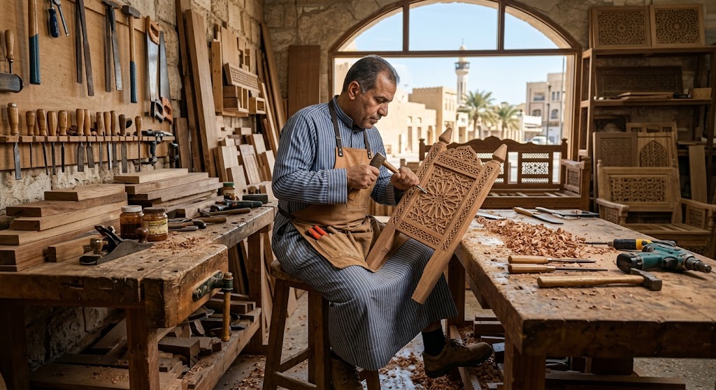 نجار محترف يجلس مع عميل في مكتب ورشة نجارة كويتية لمناقشة التكلفة وتقديم عرض سعر شفاف لعملية تصنيع وتجهيز أبواب خشبية جديدة