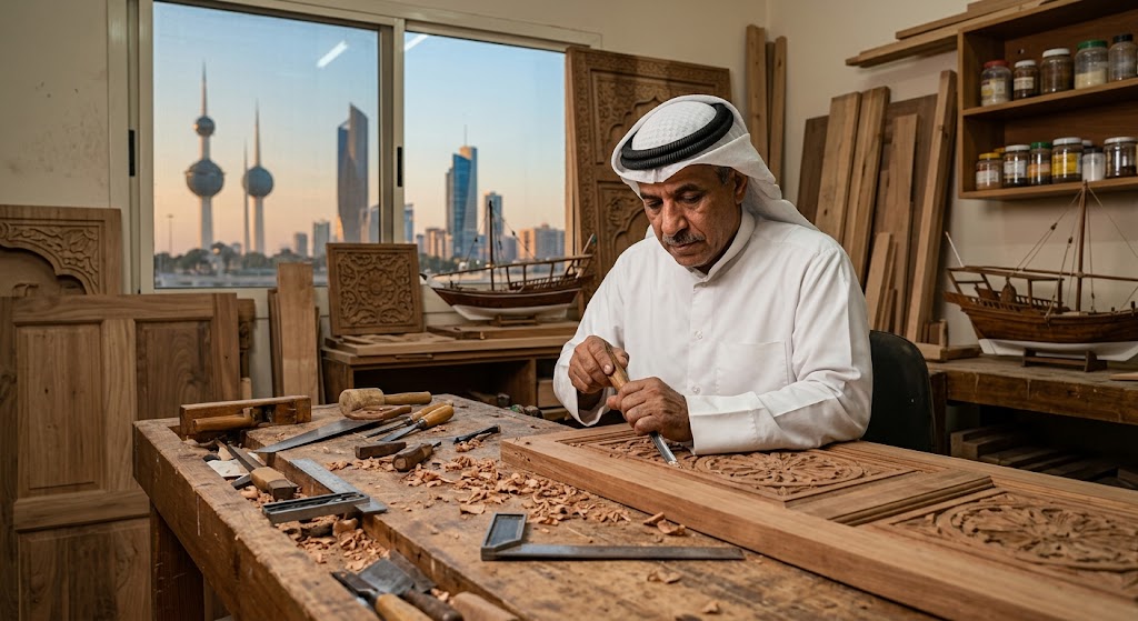 حرفي خبير في أعمال النجارة يقوم بتصميم وتجهيز باب خشبي ذو جودة عالية داخل ورشة متطورة في الكويت لتلبية احتياجات العملاء بتكلفة ملائمة
