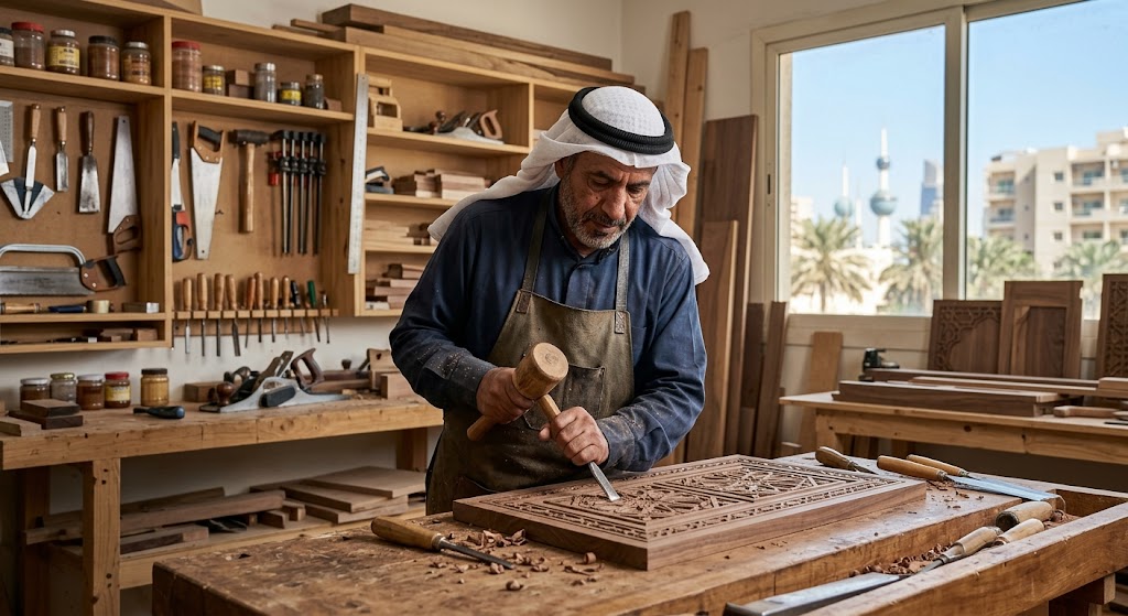 نجار كويتي محترف يتحدث في الهاتف لتسجيل طلبات العملاء أثناء وقوفه بجوار باب خشبي متين تم الانتهاء من تجهيزه داخل ورشة عمل حديثة