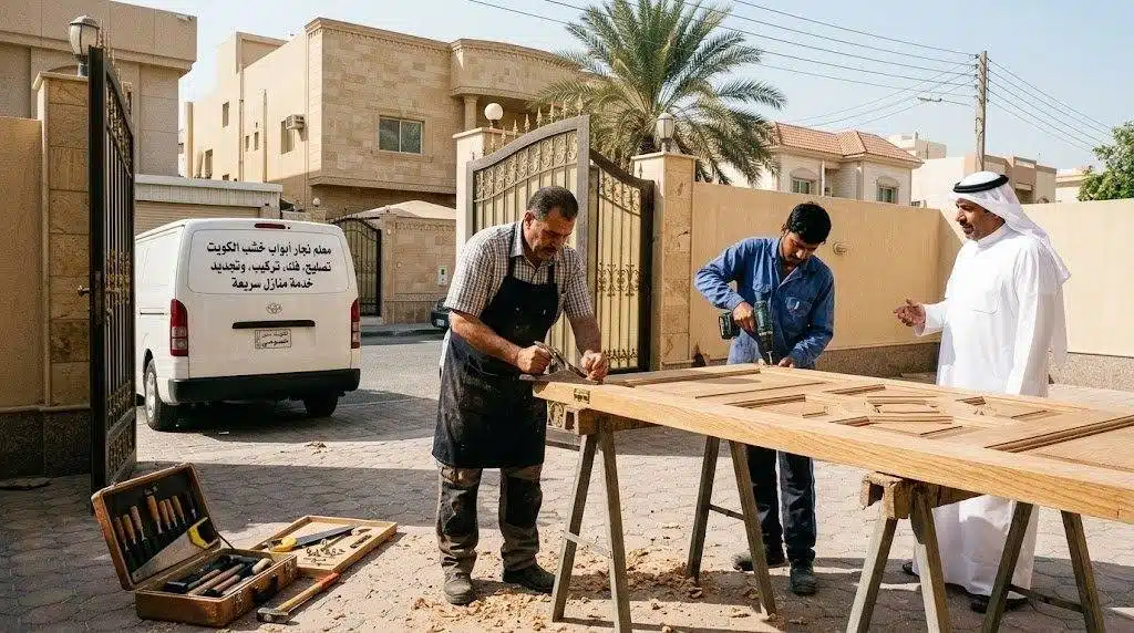 نجار الكويت أثناء رفع مقاسات باب خشب قبل التركيب