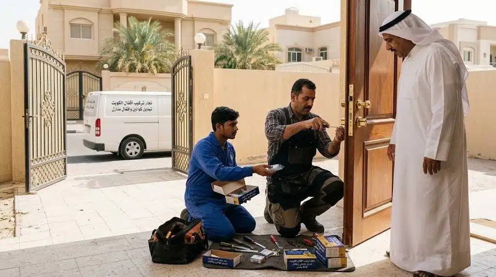 نجار اقفال الكويت يركّب كالون جديد في باب خشب